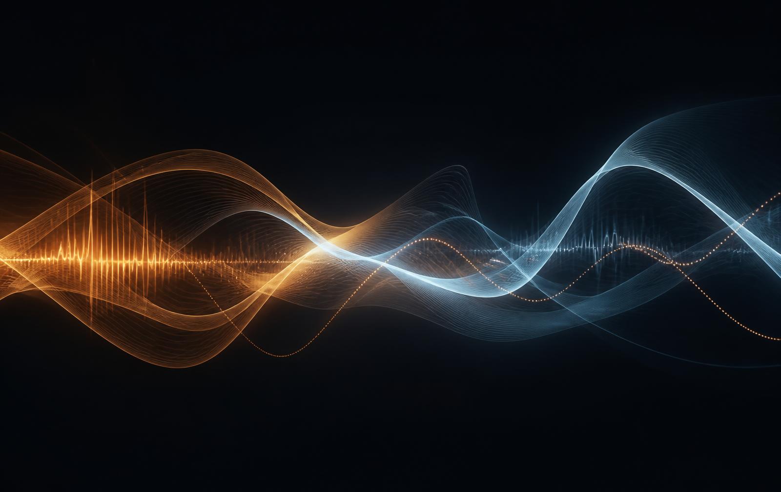 Flowing waveform in amber and crimson representing voice and HRV signal